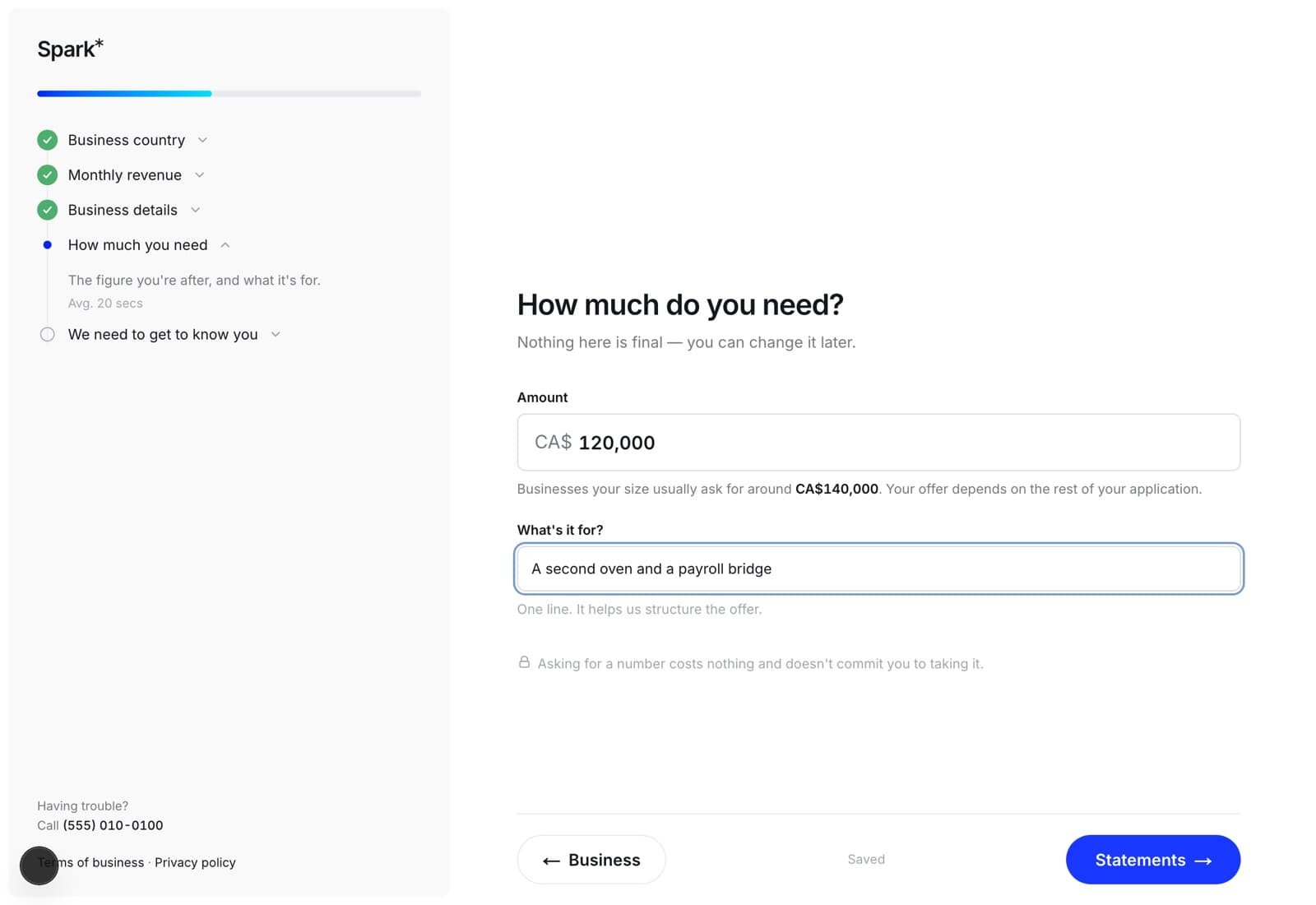 The funding step of a Spark application in a browser: an amount of $120,000 and a one-line note about what it is for.