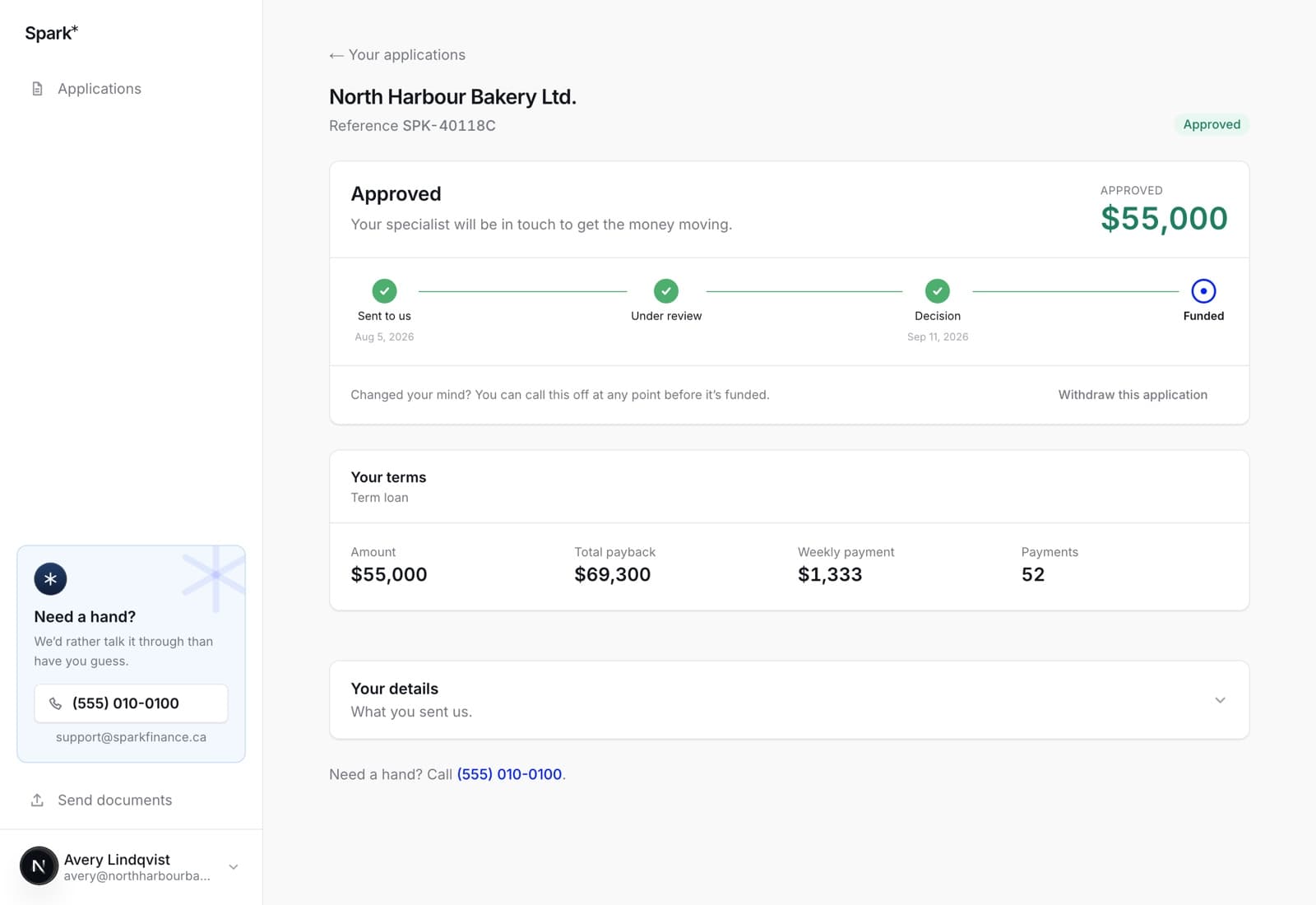 An approved Spark application: the approved amount of $55,000, and a terms card showing total payback $69,300, a weekly payment of $1,333, and 52 payments.