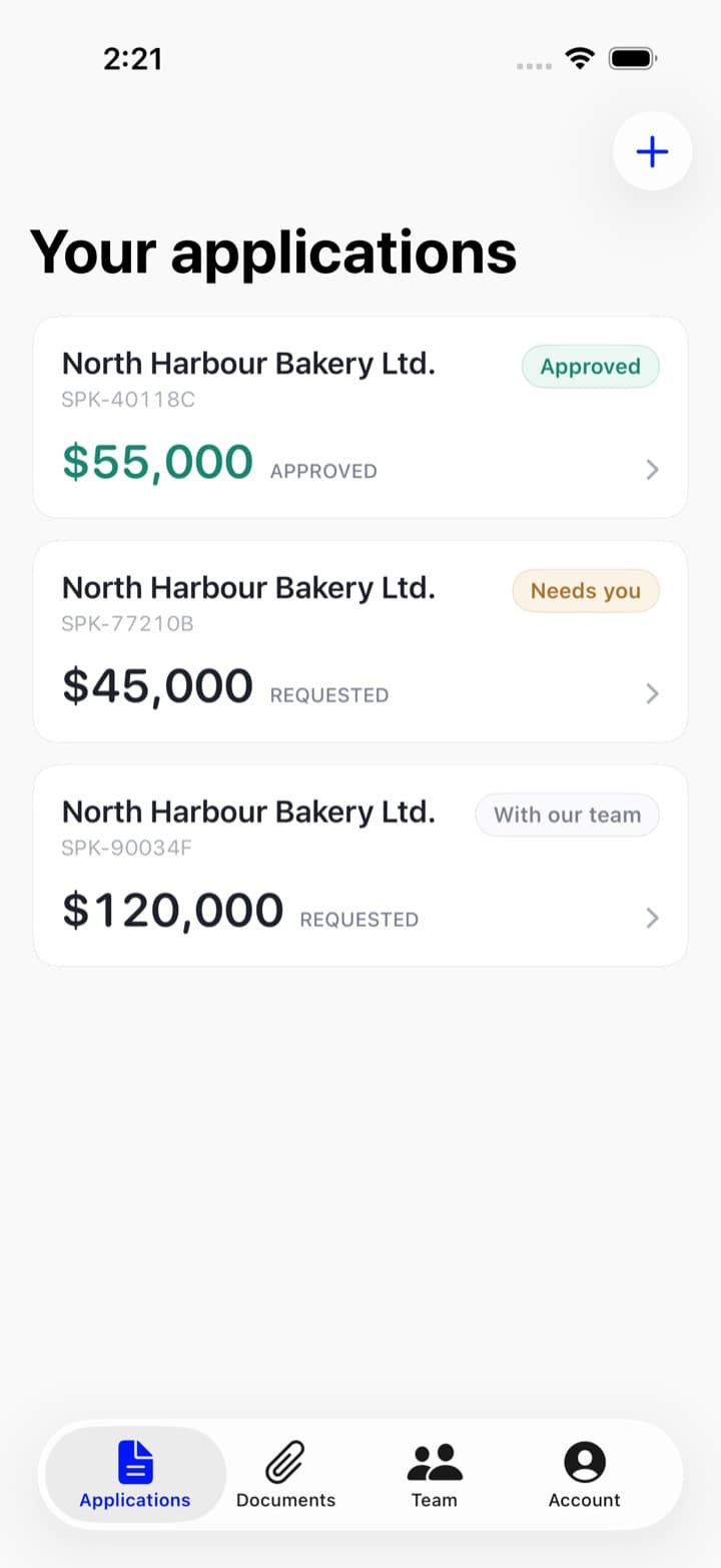 The Applications tab listing three applications for North Harbour Bakery Ltd: one marked Needs you at $45,000, one Approved at $55,000, and one With our team at $120,000.