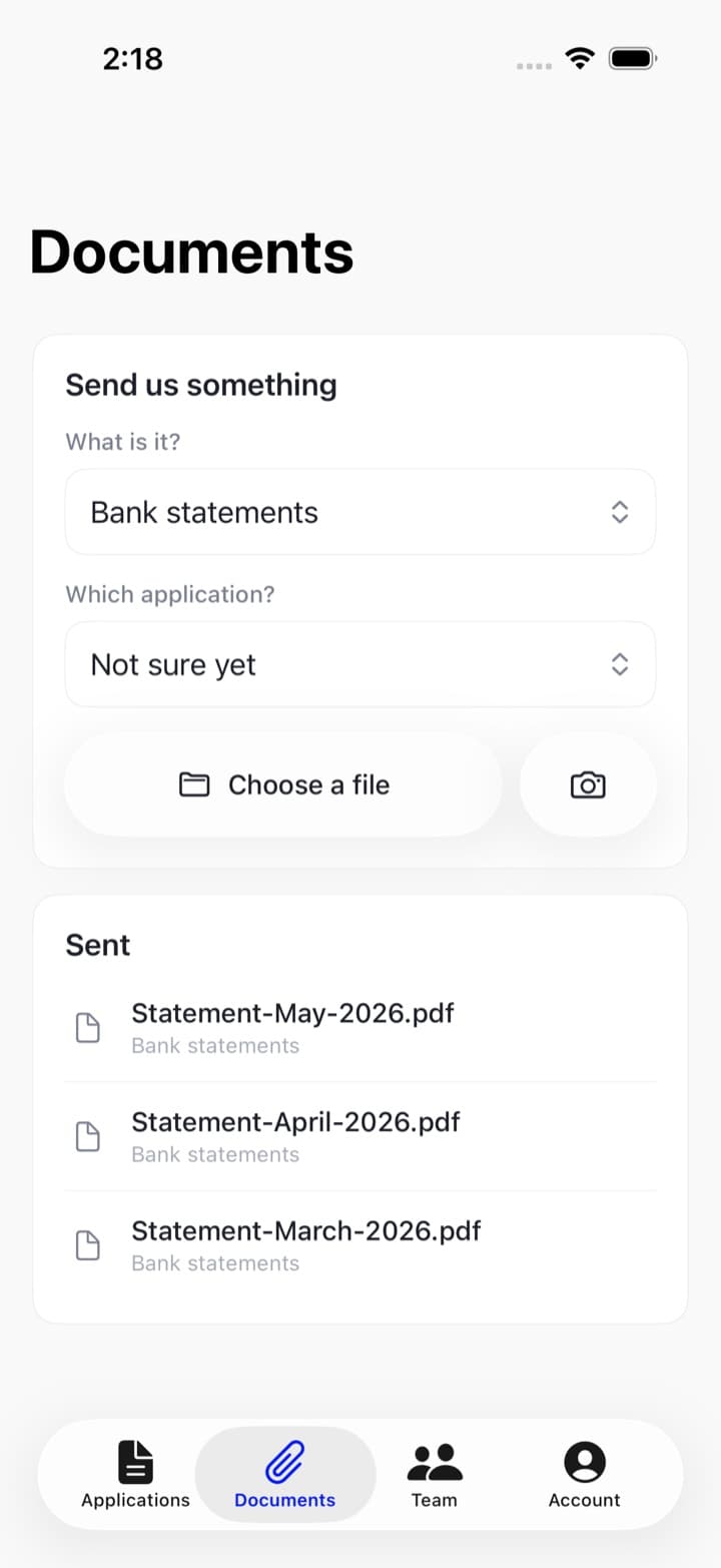 The Documents tab in the Spark app: a what is it picker set to bank statements, a which application picker set to not sure yet, a choose a file button and a photo button, and a list of statements already sent.