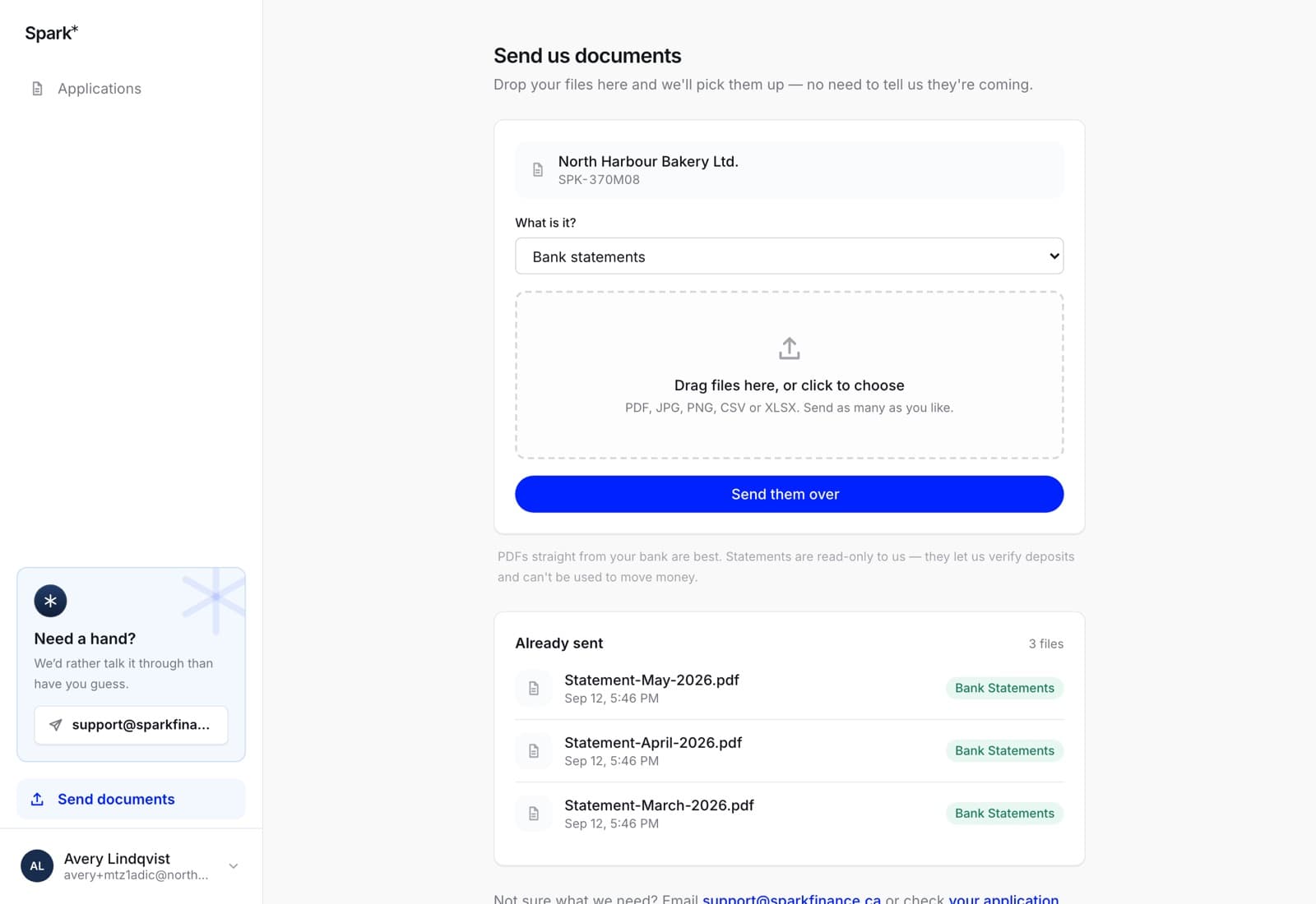 The Send documents screen, showing the application the files will be filed against, a what-is-it selector set to bank statements, a drop zone, and a list of three statements already sent with dates.